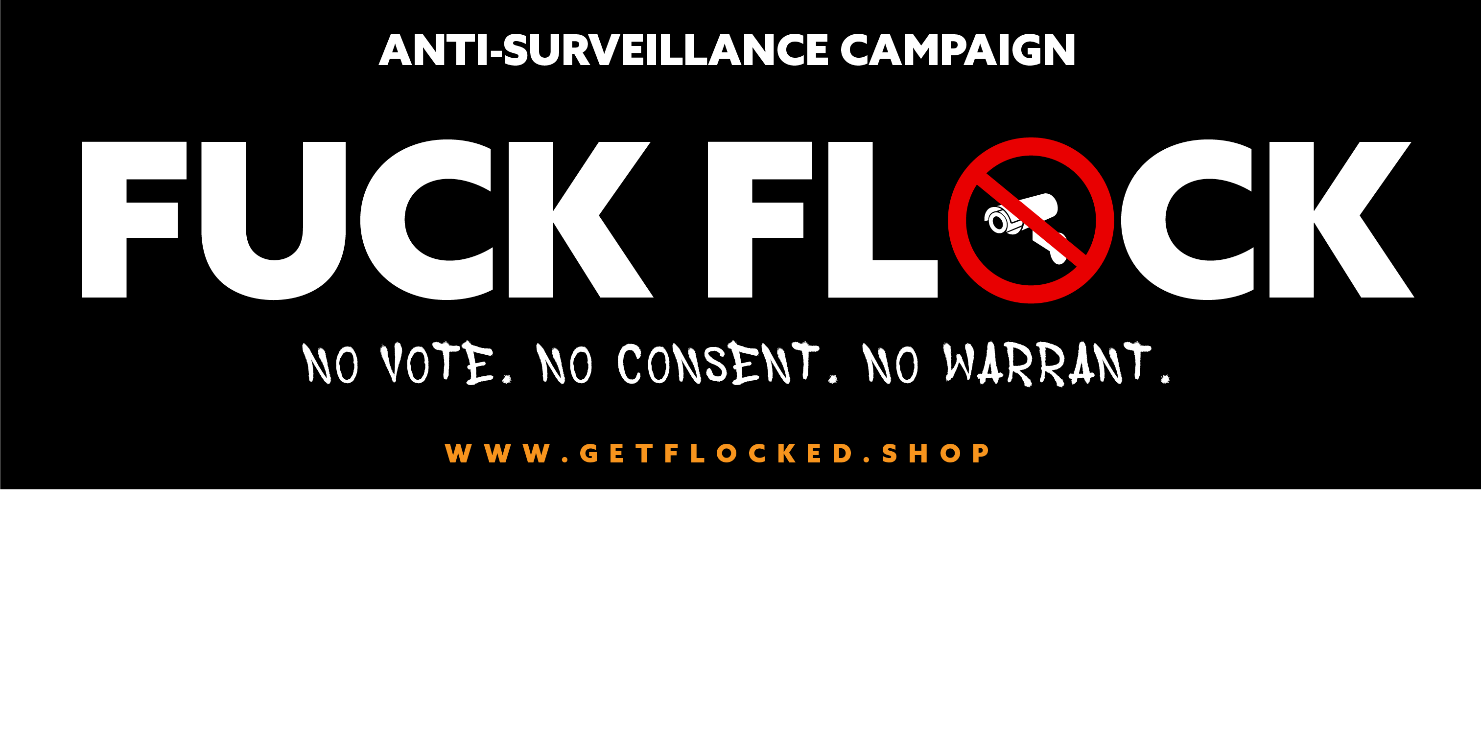 Fuck Flock die-cut sticker, black background with no-camera symbol and getflocked.shop URL