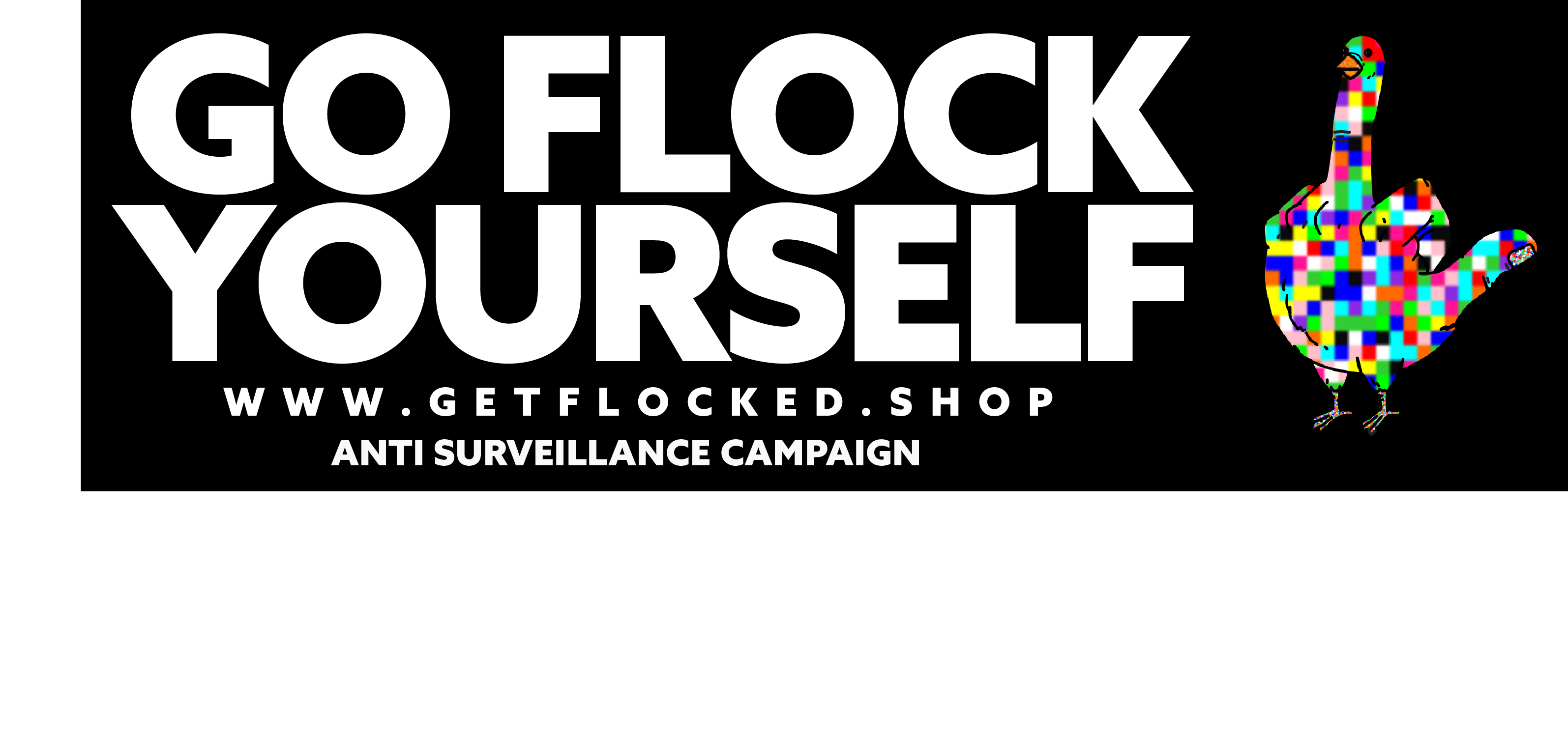 Get Flocked die-cut sticker with getflocked.shop URL and pixel-camo bird