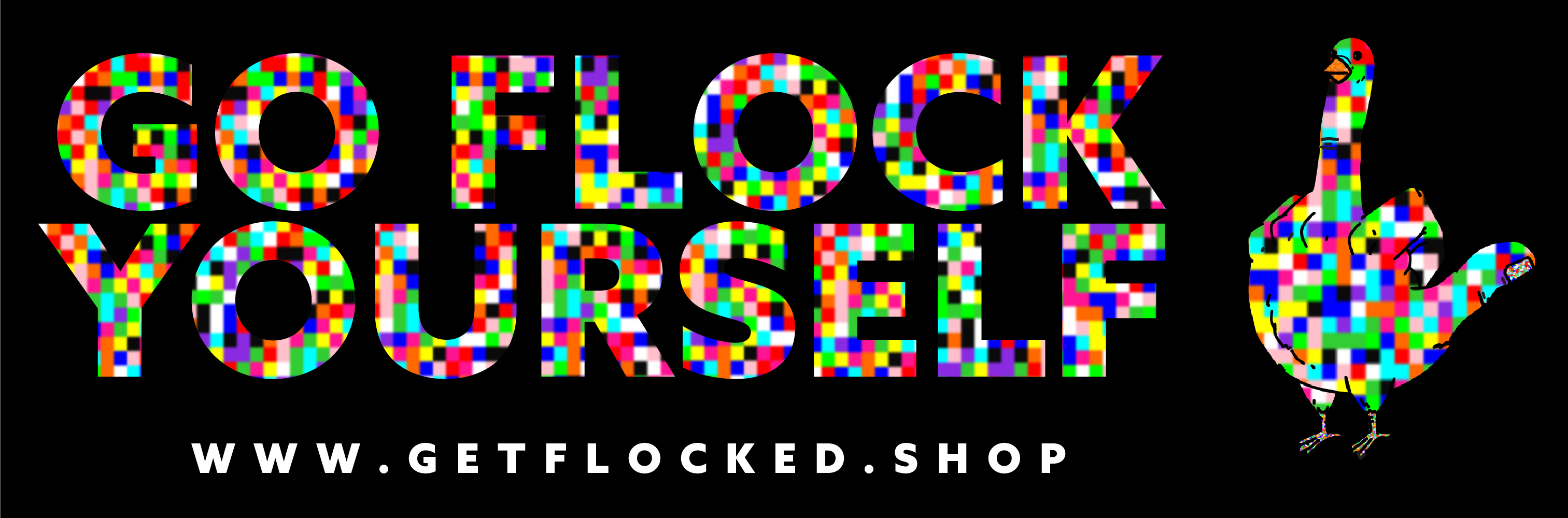 Go Flock Yourself pixel-camo sticker with pixel-camo bird and getflocked.shop URL