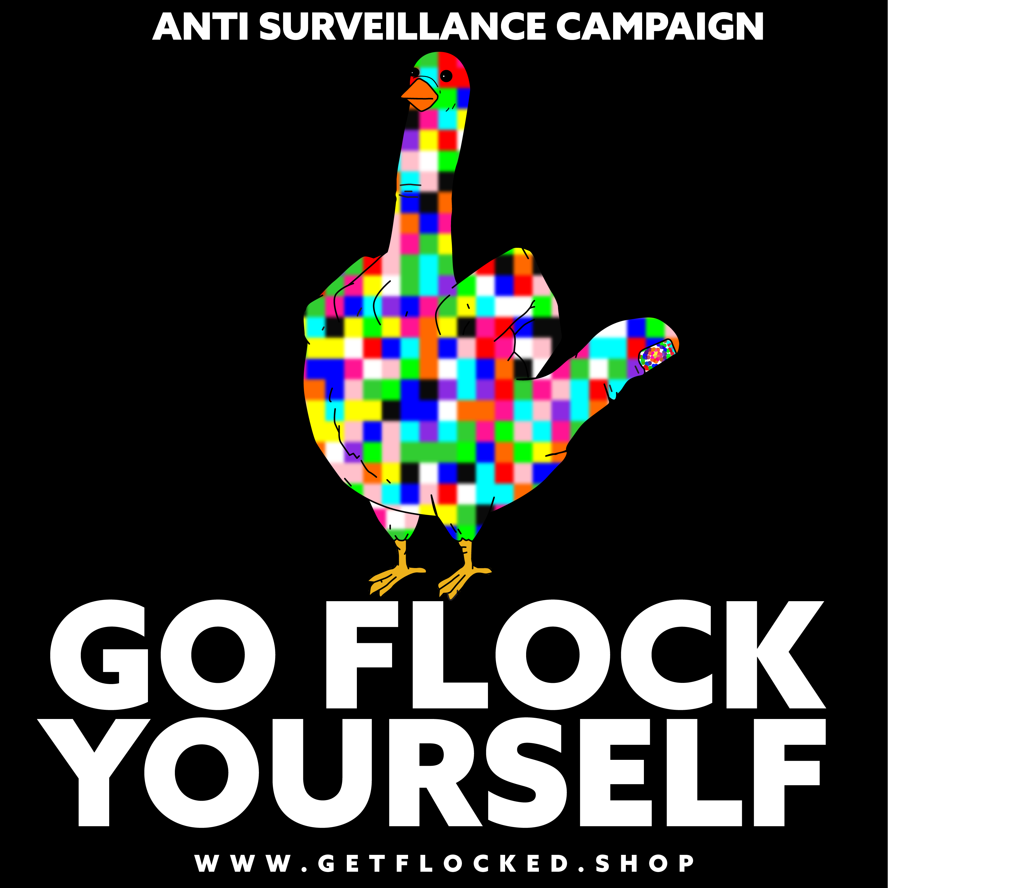 Anti-Surveillance Campaign square sticker, black background with pixel-camo bird