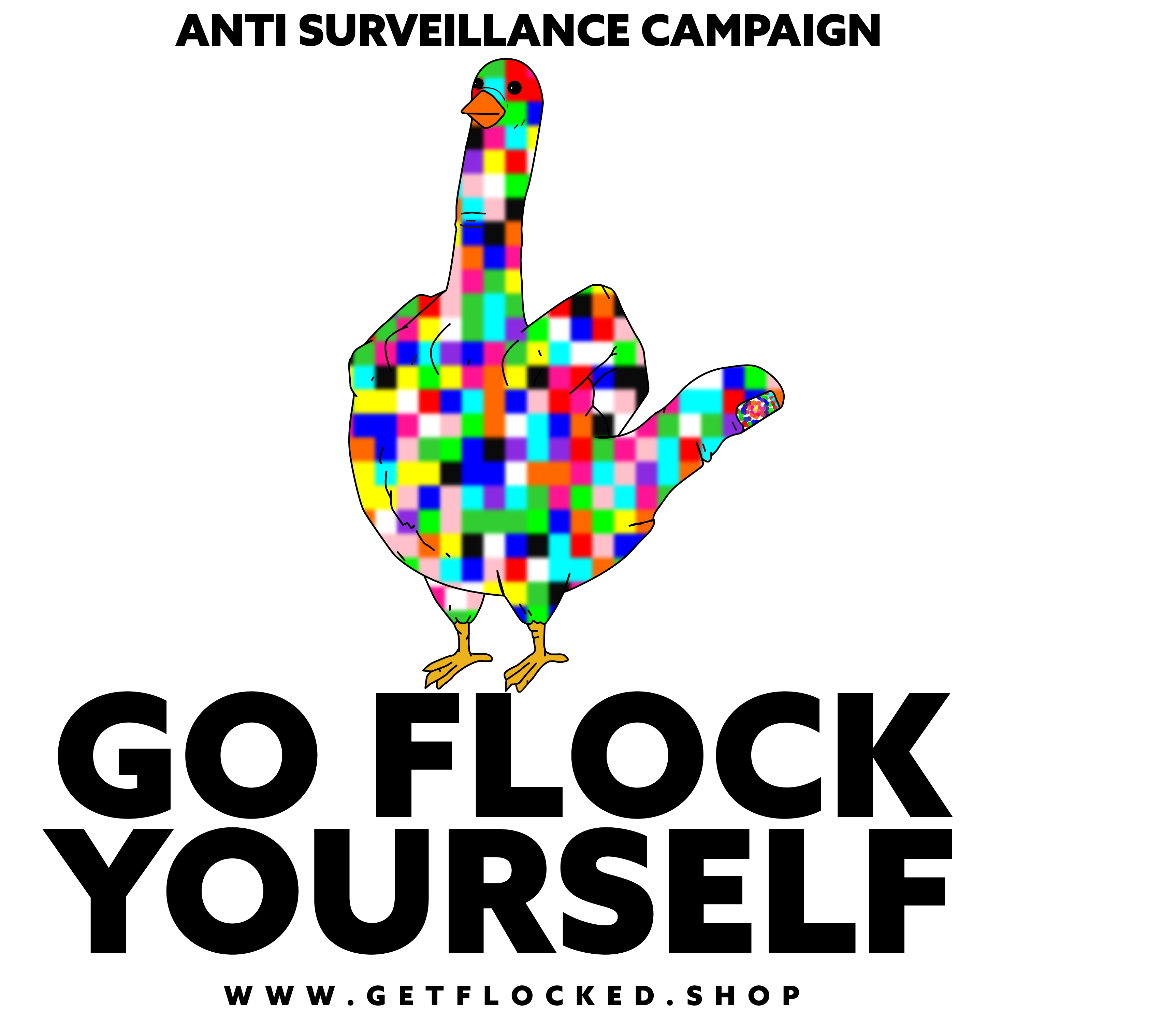 Anti-Surveillance Campaign square sticker, white background with pixel-camo bird